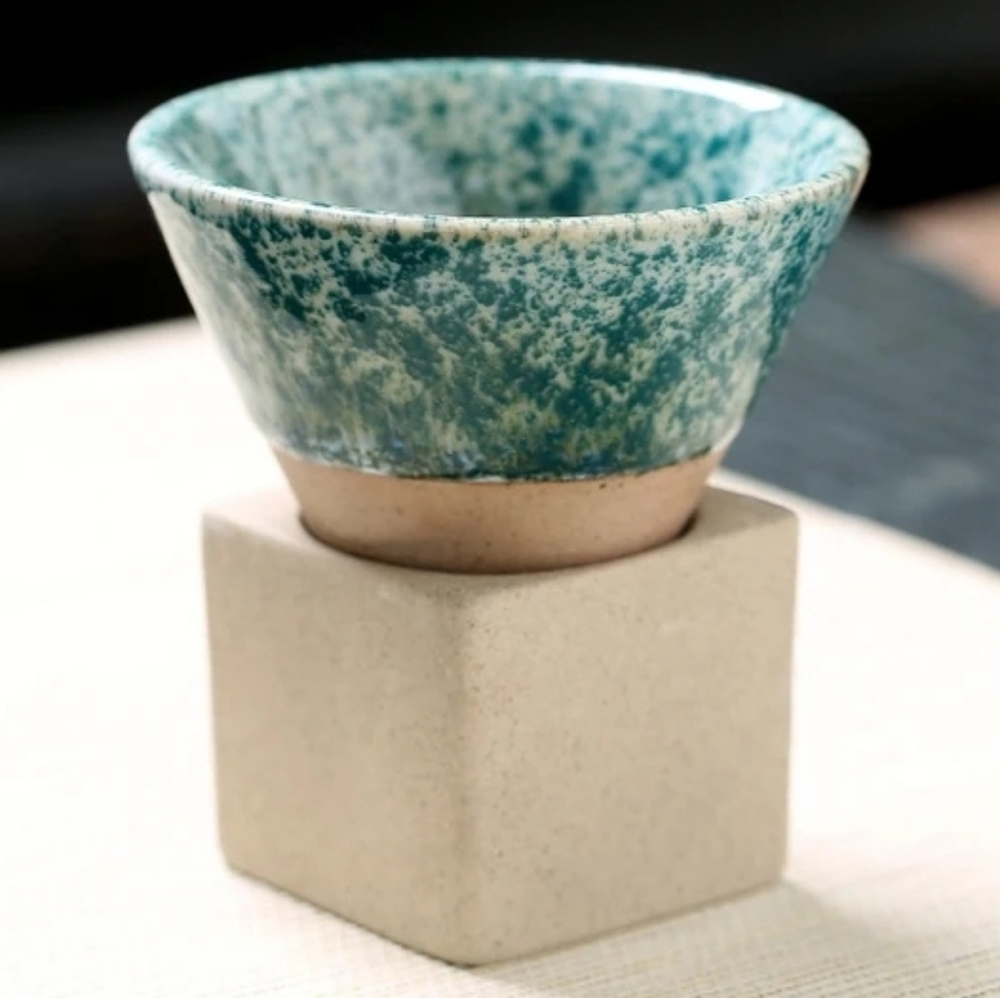 Ceramic Asian Tea | Coffee Cup & Stand | Green Speckled